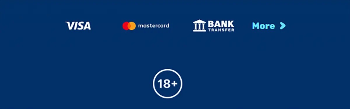 Footer payment section showing Visa, Mastercard, and bank transfer options, along with a “More” link for additional methods and a centered 18+ age restriction badge on a blue background